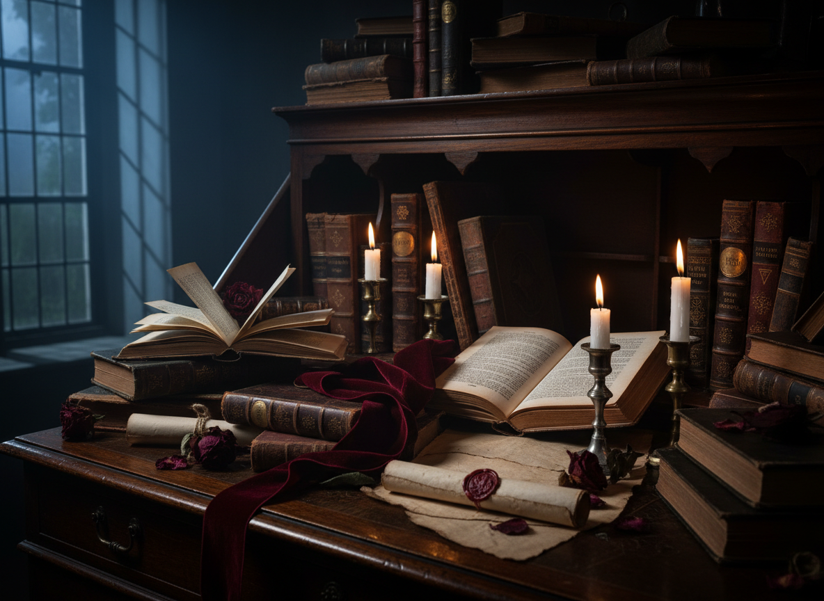 Antique books in a dark academia library