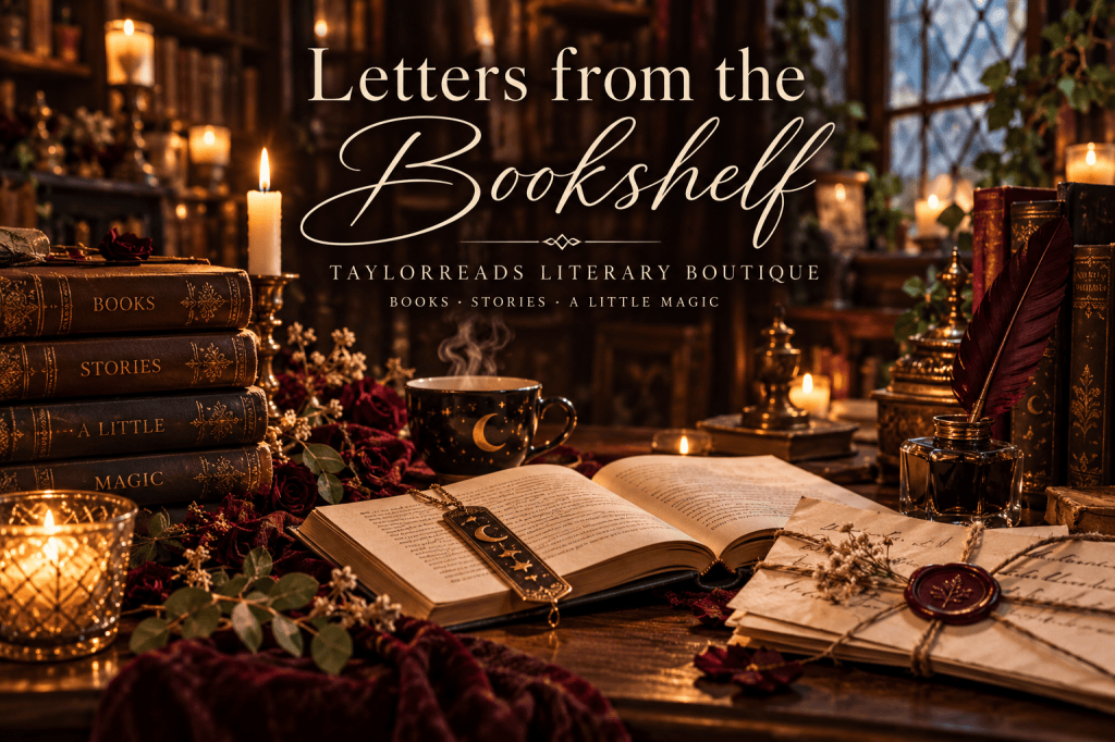 Candlelit vintage library desk with books, burgundy roses, letters and TaylorReads newsletter title