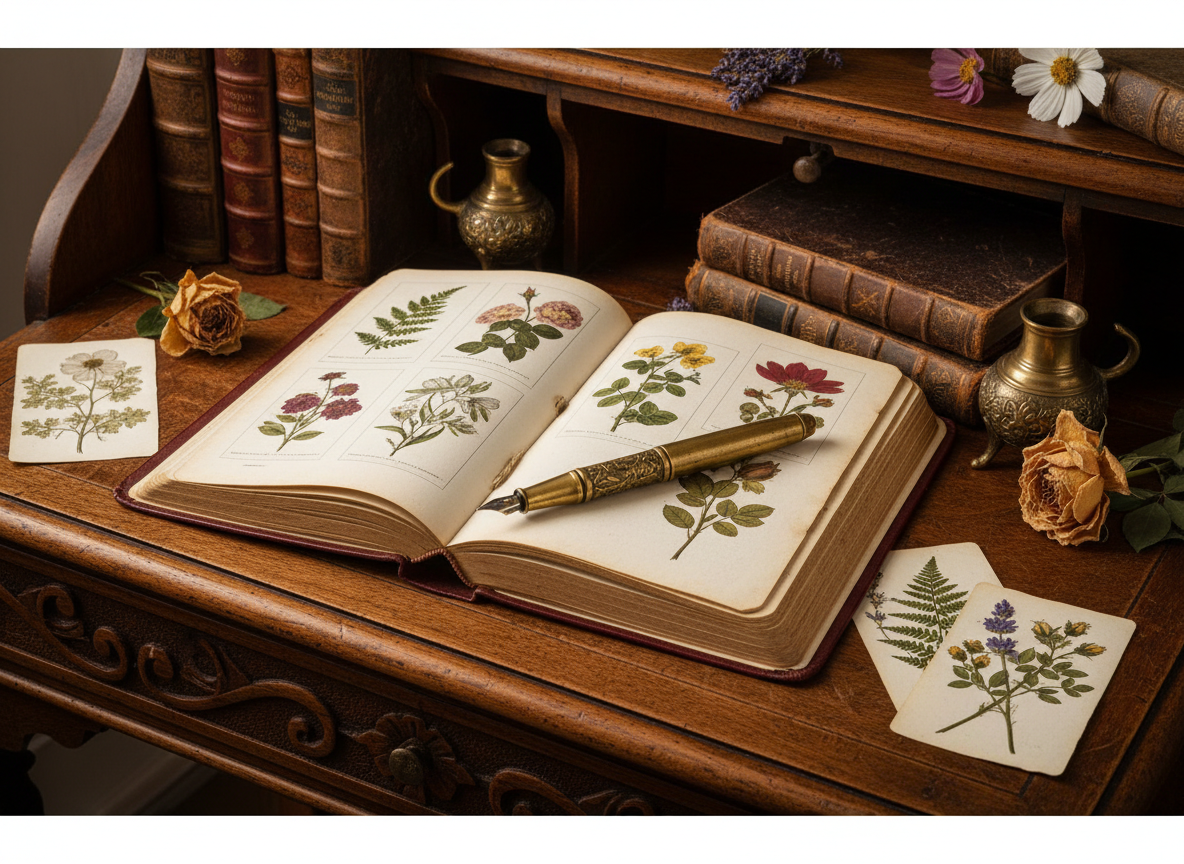 Vintage reading journal and bookish stationery on an antique desk