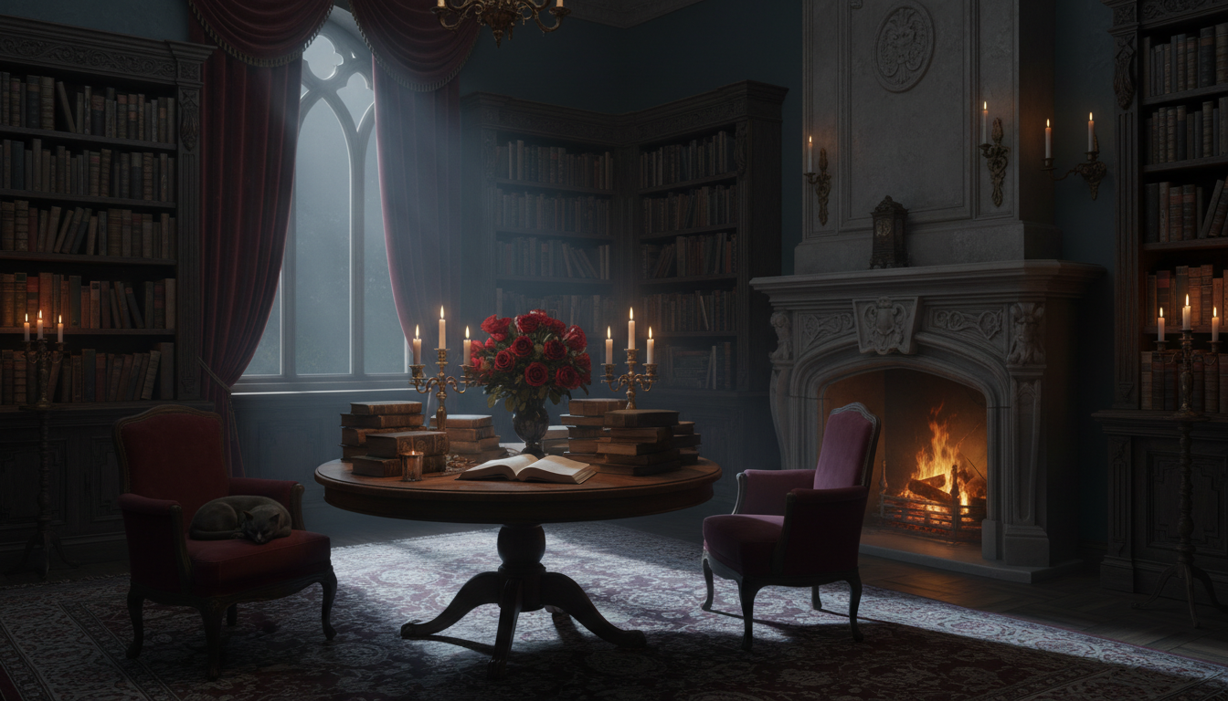 Moonlit candlelit gothic library for the Midnight Reading Society