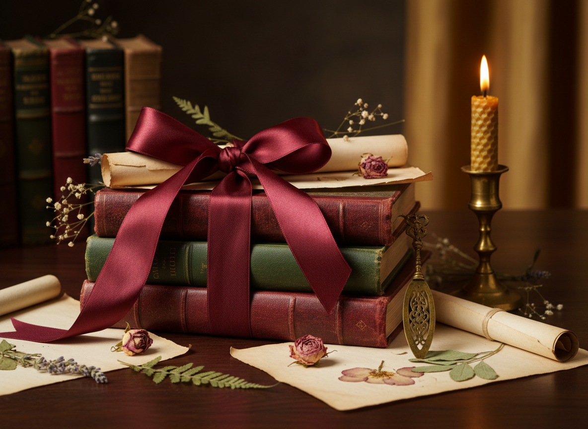 Vintage novels, pressed flowers, and a ribbon