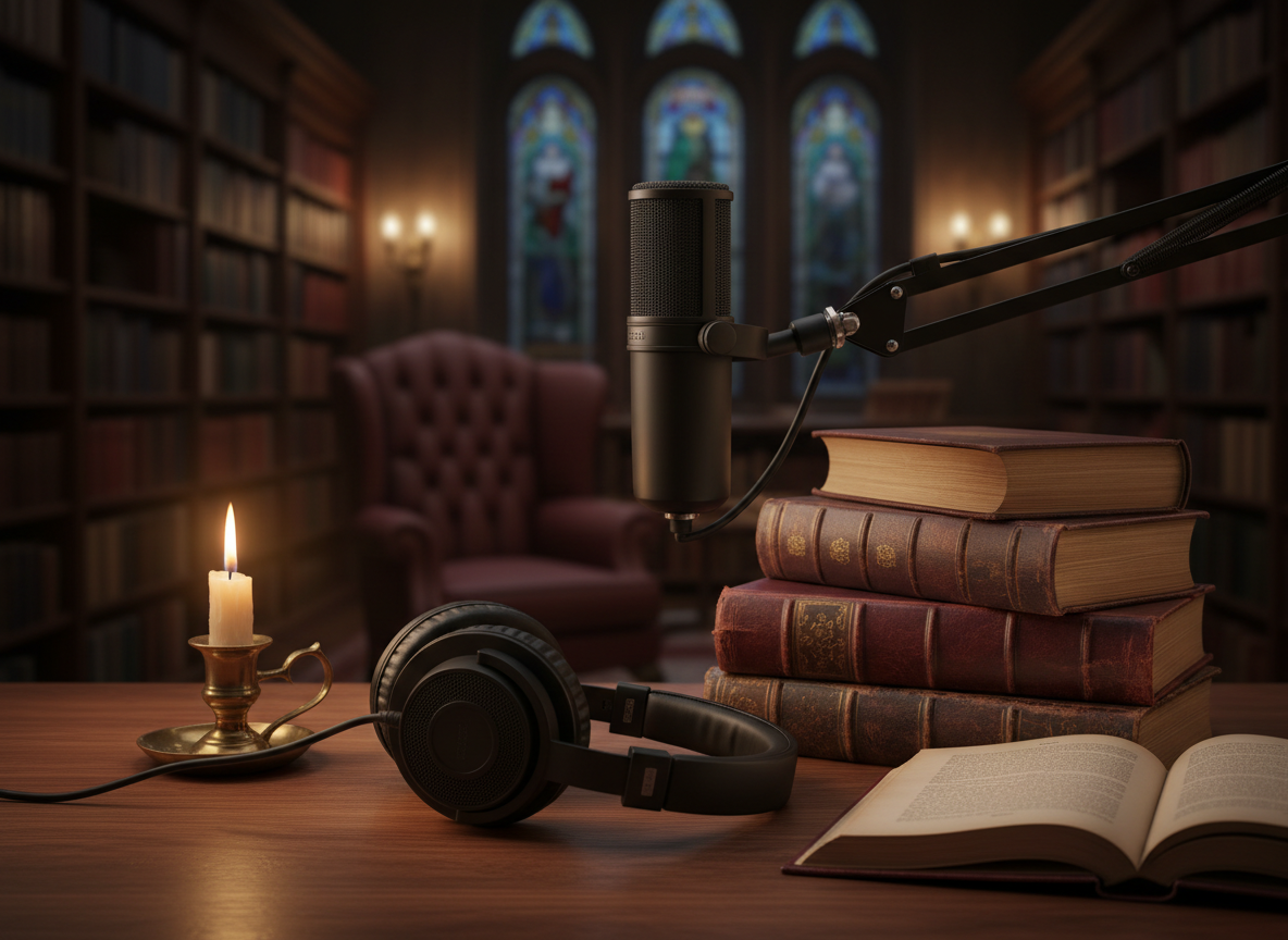 Audiobook microphone and headphones beside antique books