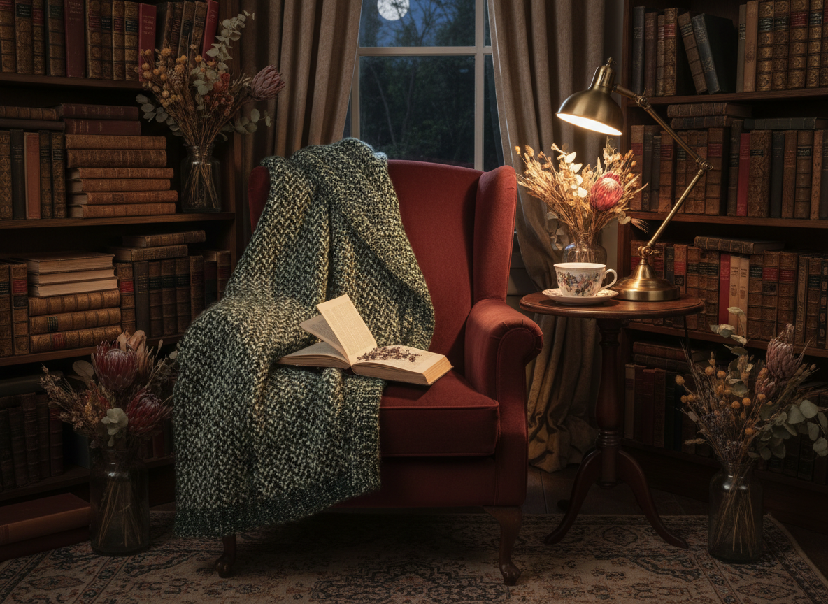 Cozy reading corner with books and warm light