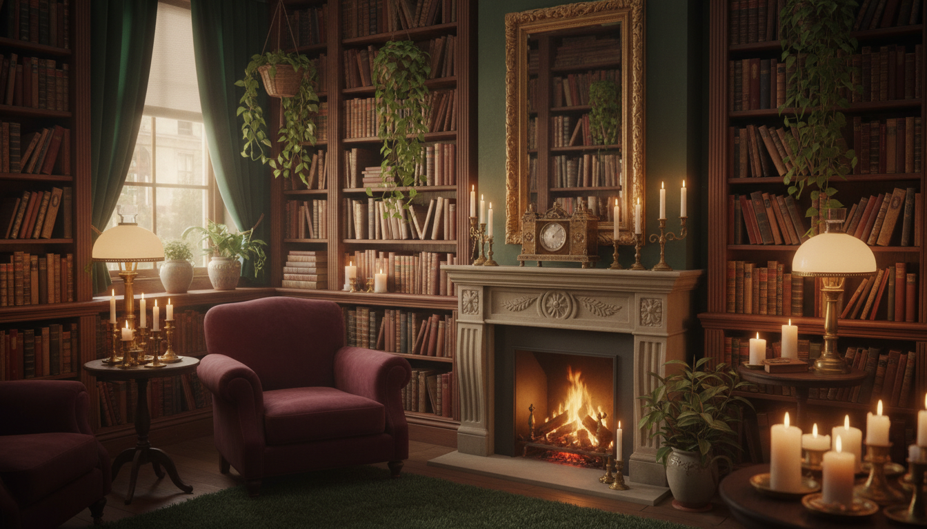 Warm candlelit vintage library with burgundy velvet chair